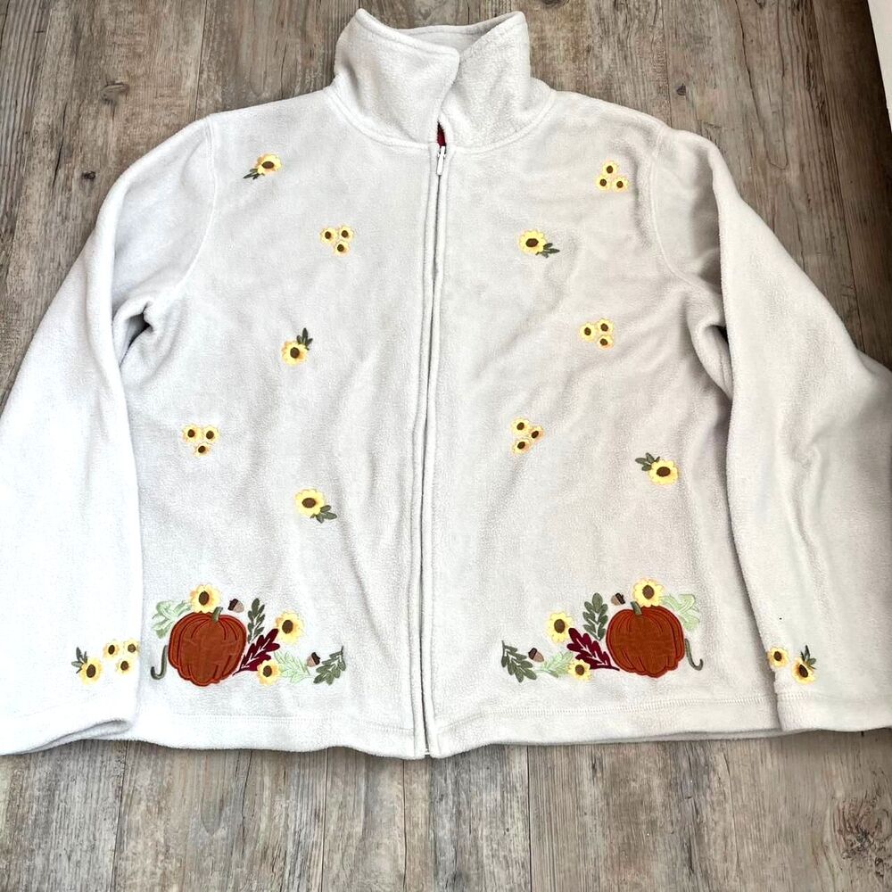 Holiday Lodge Jacket Fleece Fall Women's L Cream White Pumpkins 90s Cottagecore